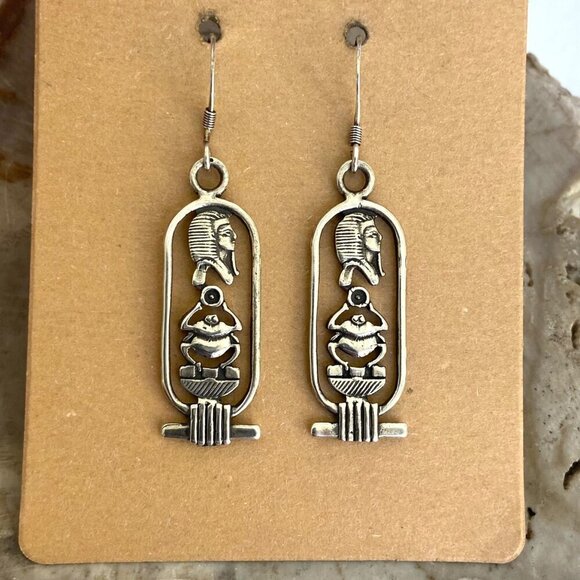 Sterling Silver 925 Egyptian Amulet Hieroglyph Scarab Cartouche Dangle Earrings - Picture 16 of 16